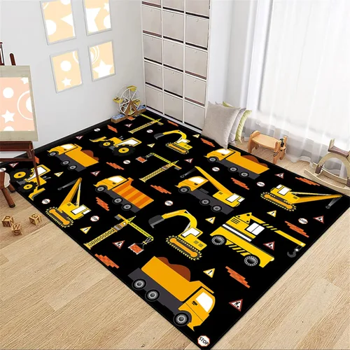 Vista 7 de Alfombra de construcción – Alfombras de construcción para habitación de niños, divertido diseño de camión de dibujos animados, alfombra de coche