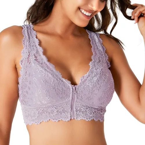 Vista 5 de Rolewpy Bralette de encaje floral para mujer, con cierre de cremallera sin cordón y parte superior corta con relleno extraíble