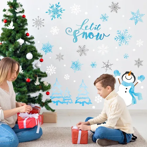 Vista 4 de Calcomanías de pared de copo de nieve de invierno, calcomanías de pared para ventana de Navidad, calcomanías de mural para decoración de fiestas