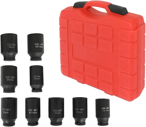 Vista 6 de Juego de dados de eje de impacto profundo de 9 piezas, 1/2 pulgada, 6 puntos Cr-V Spindle Joint High Torque Wheel Nut Sockets Fit For Most Cars