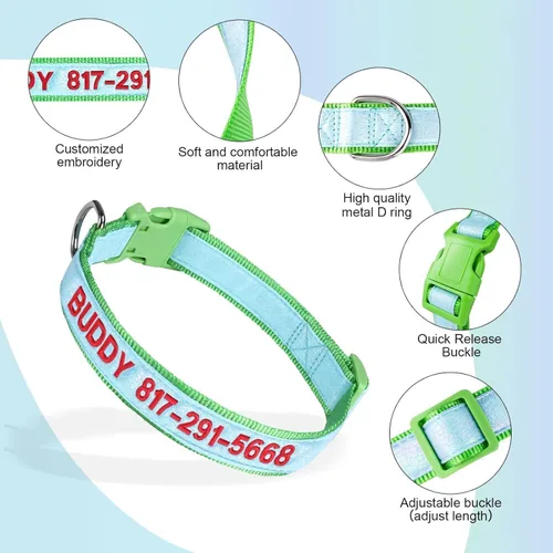Vista 3 de Collares de perro personalizados reflectantes Wlitchi, collares de identificación luminosa personalizados bordados con nombre y número de teléfono