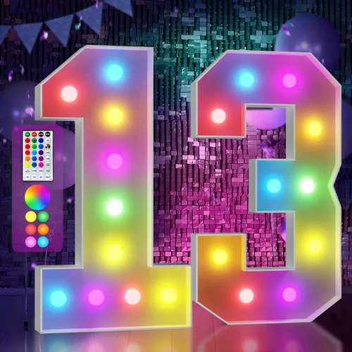 Vista 13 de Imprsv Letras coloridas de marquesina de 3 pies y letras grandes iluminadas RGB con control remoto, decoraciones de fiesta de cumpleaños Carta