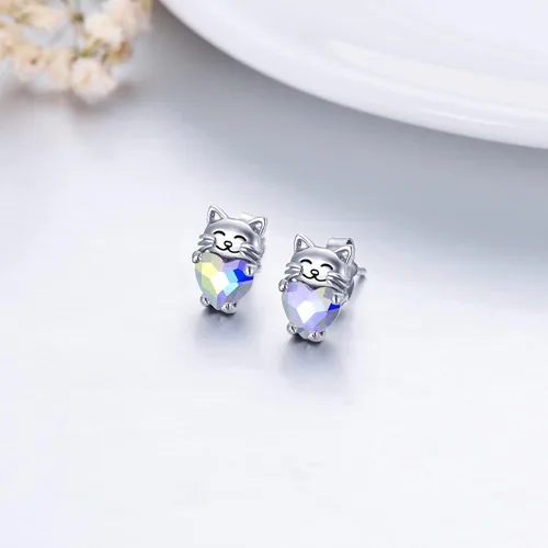 Vista 4 de Aretes de plata de ley 925 con diseño de gato, bonitos aretes de gato con diseño de gatito, joyería de regalo para mujeres y niñas, aretes