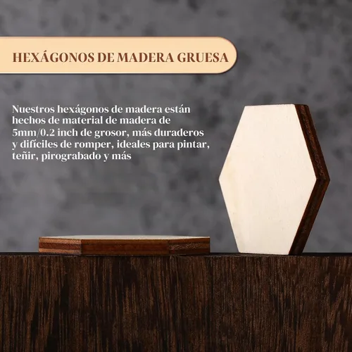 Vista 7 de 120 piezas hexagonales de madera sin terminar de 1/5 pulgadas de grosor, recortes hexagonales de madera en blanco, adornos de virutas de madera
