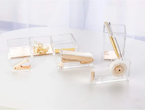 Vista 7 de Elegante grapadora de acrílico ultra transparente para suministros de oficina, grapadora de escritorio dorada mate con 1000 grapas para accesorios