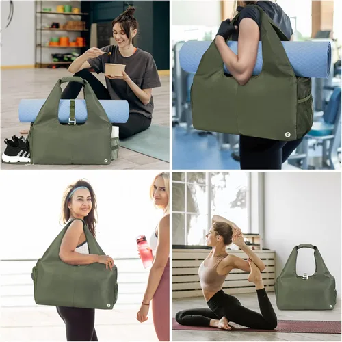 Vista 6 de Bolsa de gimnasio para mujer con compartimento para zapatos y bolsillo húmedo con soporte ajustable para esterilla de yoga, Verde militar, Moda