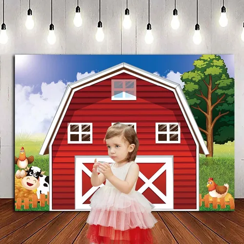 Vista 2 de Fondo de fotografía de granja de animales de dibujos animados de 7 x 5 pies, fondo de fotos de granja rústico rojo para baby shower, recién nacidos