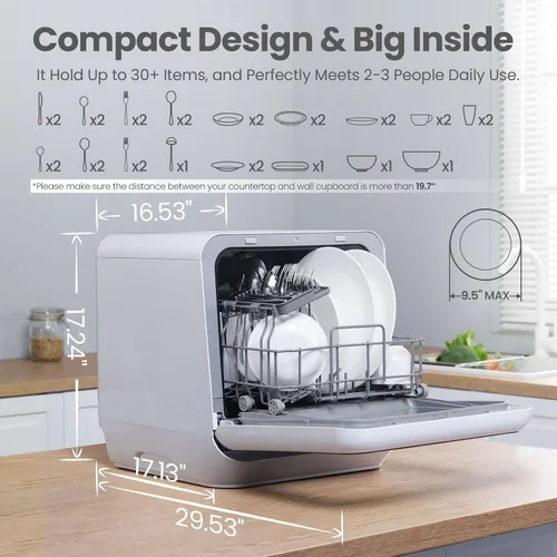 Vista 4 de COMFEE' Lavavajillas Portátil de Encimera con Tanque de Agua Integrado de 5L, No Necesita Conexión, 6 Programas, Rociado Dual de 360°, Función