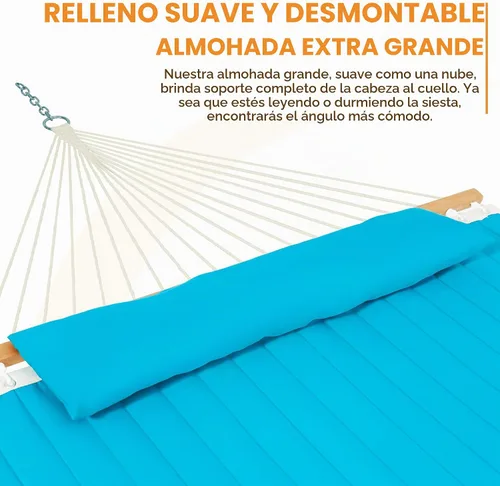 Vista 3 de Lazy Daze Hammocks Hamaca de tela acolchada doble de 12 pies con barra separadora y almohada desmontable, hamaca para 2 personas para exteriores
