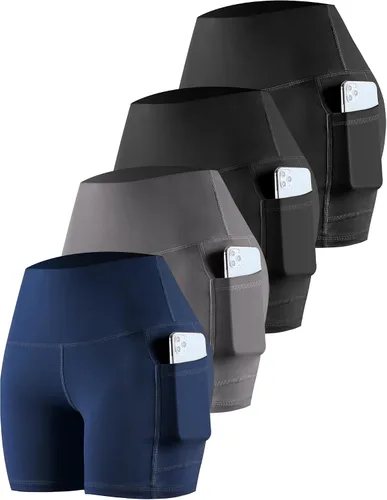 Vista 18 de CHRLEISURE - Pantalones cortos de ciclismo para mujer con bolsillos de licra, cintura alta, con control de abdomen para entrenamiento, yoga