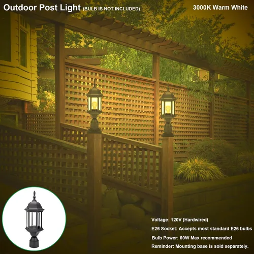 Vista 6 de LIT-PaTH Farol de poste de iluminación para exteriores, base mediana E26 máx. 60 W, carcasa de aluminio más vidrio, paquete de 2, acabado negro