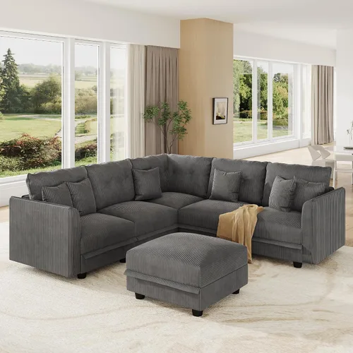 Vista 35 de LLappuil Sofá Seccional Modular con Asientos de Almacenamiento, Sofá Modular Convertible de Pana Chaise para Sala de Estar, Sofás de 5 Plazas con 3
