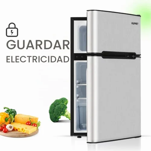 Vista 4 de Mini refrigerador compacto de 3.2 pies cúbicos, mini refrigerador de acero inoxidable con congelador, 2 puertas, para dormitorio, garaje, cámper