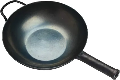 Vista 13 de ZhenSanHuan Wok de Hierro Martillado a Mano con Fondo Plano Apto para Inducción (32CM, Mango de Hierro)