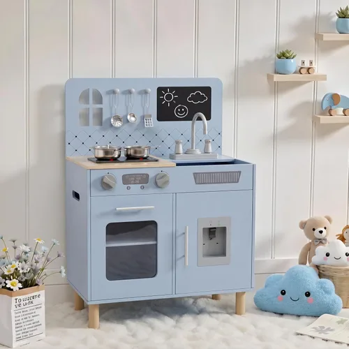Vista 8 de Arlopu Juego de cocina de madera para niños con pizarra, luces y sonidos realistas, cocina interactiva con estufa, dispensador de agua, 6 utensilios