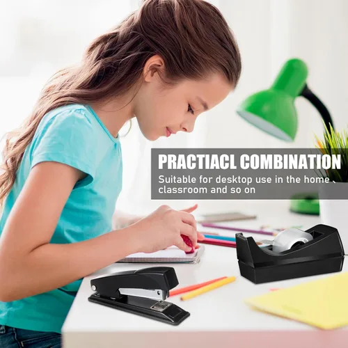 Vista 6 de Thenshop Juego de 6 grapadoras de escritorio, dispensadores de cinta, grapadoras negras para oficina de escritorio con grapas estándar, soporte