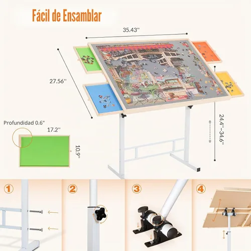 Vista 2 de Mesa de rompecabezas de 1500 piezas con cajones y cubierta – Altura ajustable y patas inclinables, tablero de rompecabezas portátil sin ensamblaje