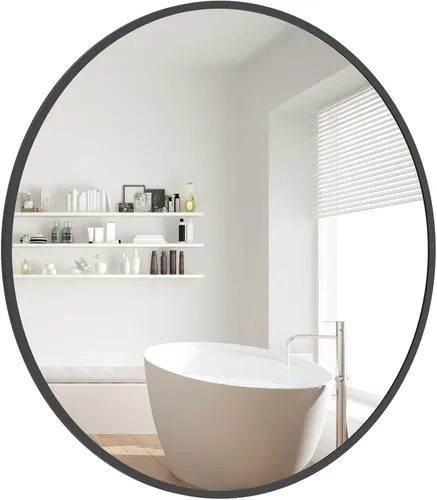 Vista 21 de WallBeyond Espejo redondo negro de madera de 24 pulgadas, espejo de pared circular para baño, espejo de pared redondo para decoración de pared