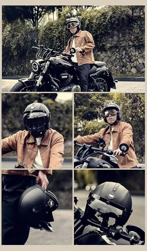 Vista 7 de Casco retro de motocicleta con Bluetooth, casco de cuero Jet con gafas personalizadas, medio casco de motocicleta 3/4 aprobado por DOT, casco