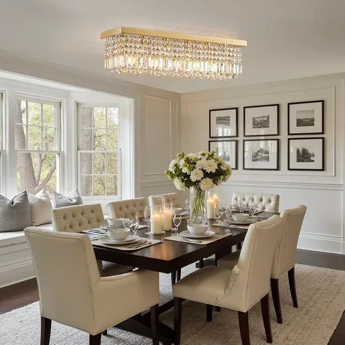 Vista 9 de Candelabros Modernos de Cristal para Lámpara de Comedor, Candelabro de Techo Rectangular Dorado de 6 Luces para Isla de Cocina y Sala de Estar