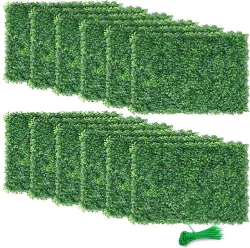 Vista 11 de Paneles de setos artificiales de boj de 10 x 10 pulgadas, 24 piezas de pantalla de privacidad de vegetación sintética, decoración de pared