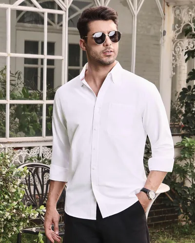 Vista 6 de Alimens & Gentle - Camisa Oxford lisa, de manga larga, con botones y bolsillo, para hombre