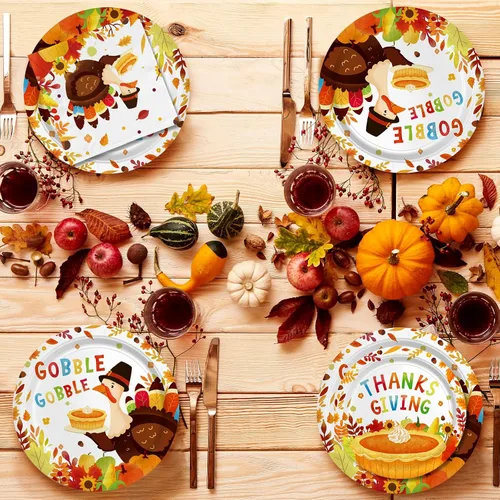 Vista 5 de Kit de suministros para fiesta de Acción de Gracias con pavo de Gatherfun - Set de vajilla desechable con temática de otoño con platos, servilletas