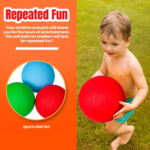 Vista 2 de New Bounce Pelotas deportivas de 5 pulgadas para niños pequeños, paquete de 3 unidades, color rojo, azul, verde, pequeñas bolas suaves