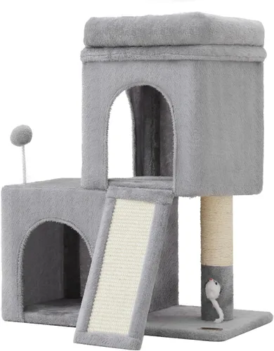 Vista 8 de Woochpet Árbol para gatos de 24 pulgadas de alto con 2 condominios para gatos y juguete de ratón, acogedora torre pequeña para gatos con poste
