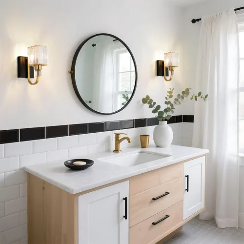 Vista 9 de Aplique de pared moderno de cristal con enchufe, lámpara de pared montada en negro dorado, lámpara de tocador enchufable con interruptor