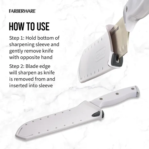Vista 4 de Farberware Cuchillo Santoku de 7 pulgadas con funda autoafilable EdgeKeeper, hoja de acero inoxidable de alto carbono, mango de triple remache