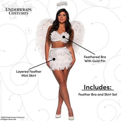 Vista 3 de UNDERWRAPS Conjunto de minifalda de plumas color blanco, disfraz de ángel para Halloween para adultos