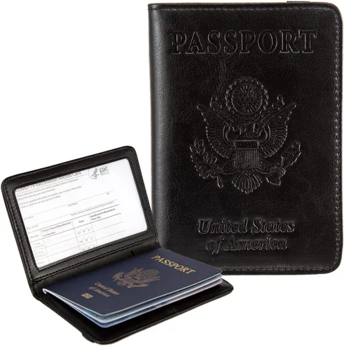 Vista 8 de Combo de portatarjetas de pasaporte y vacunación con bloqueo RFID, funda de piel con bloqueo RFID, organizador de documentos de viaje, protector