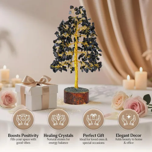 Vista 6 de FASHIONZAADI Árbol de Gemas de Turmalina Negra - Árbol Bonsái de Dinero Feng Shui para Decoración del Hogar - Regalo Espiritual de Cristal