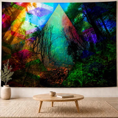 Vista 11 de Delur Tapiz de bosque con diseño de árbol de la vida, bosque tropical, para colgar en la pared, colorido paisaje místico, cabecero psicodélico