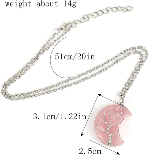 Vista 2 de Collar con colgante de piedra natural de cuarzo rosa amatista en forma de corazón envuelto en alambre de amor, corazón, luna, media luna, media