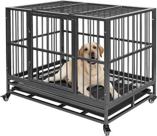 Vista 13 de Jaula indestructible para perros de 37 pulgadas con panel divisor extraíble, jaula resistente para mascotas para dos perros con ruedas de bandeja