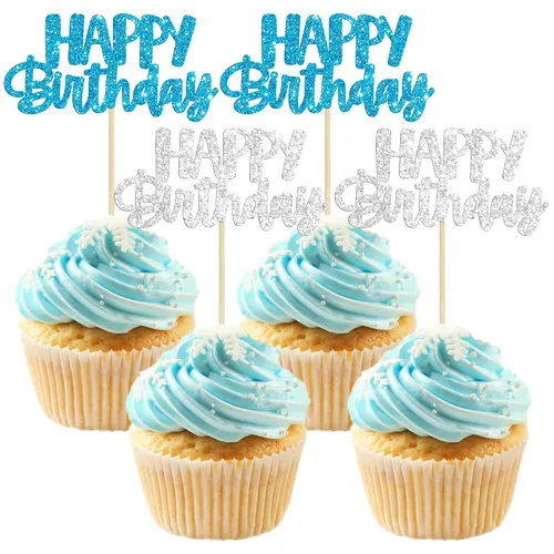 Vista 28 de Gyufise 24 piezas de decoración para pastel de cumpleaños con purpurina, adornos brillantes para pastel de cumpleaños, adornos de comida