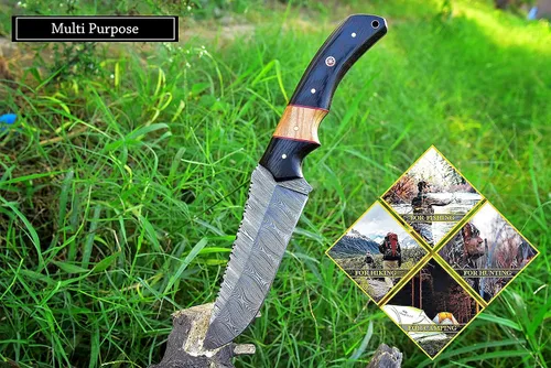 Vista 7 de Cuchillo de acero de Damasco hecho a mano para caza, cuchillo de hoja fija para camping, supervivencia y actividades al aire libre, 10 pulgadas