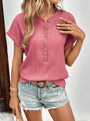 Vista 6 de Floerns Blusa de trabajo de manga corta con cuello en V y medio botón frontal para mujer