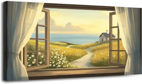 Vista 11 de Arte de pared costero vintage de 30 x 60 pulgadas, paisaje de ventana, granja, paisaje, naturaleza, pintura cálida, impresión sobre lienzo, arte