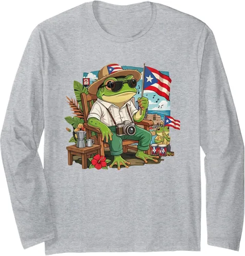 Vista 3 de Puerto Rico Coqui Frog Boricua Flag Pride Graphic Long Sleeve T-Shirt