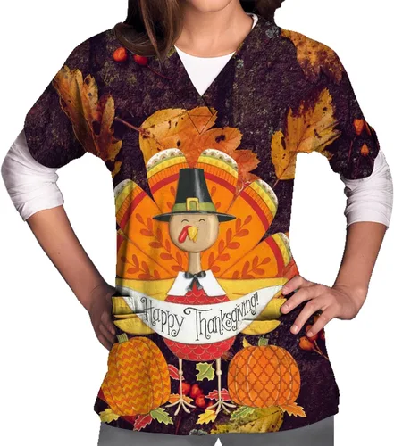 Vista 3 de Blusa de manga corta para mujer, cuello en V, transpirable, para Acción de Gracias, uniforme de trabajo