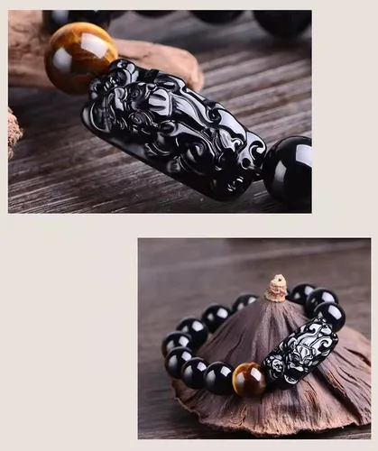 Vista 32 de Pulsera de obsidiana negra, pulsera de obsidiana negra Feng Shui para mujeres y hombres, pulsera elástica de obsidiana con piedra de ojo de tigre