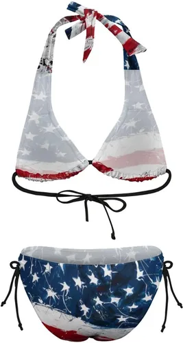 Vista 6 de Conjunto de bikini con la bandera americana, parte superior acolchada con lazo lateral, traje de baño para mujer