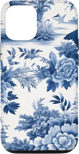 Vista 26 de iPhone 16 White and blue Chinoiserie Botanical Floral Bird Classic Case