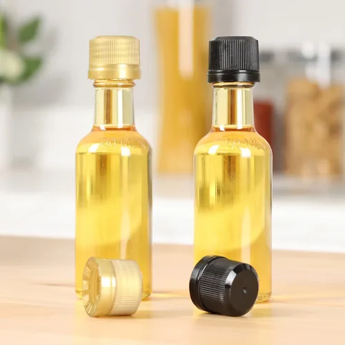 Vista 4 de Mini botellas de licor con tapas negras, 56 botellas pequeñas y tapas a prueba de manipulaciones, 1.7 onzas líquidas