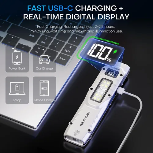 Vista 3 de Linterna táctica EDC, linternas planas recargables, linterna LED de doble interruptor pequeña con pantalla digital, luz de bolsillo de acero