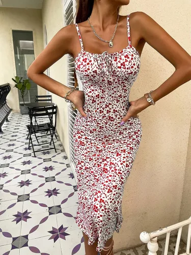 Vista 3 de Floerns Vestido midi sin mangas con estampado floral y cordón frontal para mujer