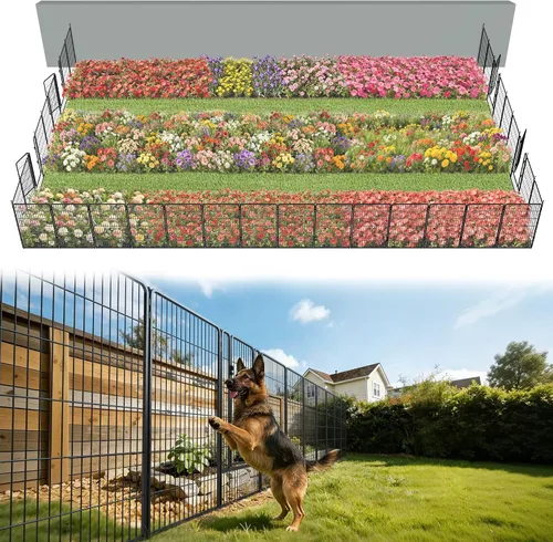 Vista 38 de FXW Valla de jardín al aire libre para el patio, 17 pulgadas de alto x 29.3 pies de largo, barrera de metal resistente para animales, para perros